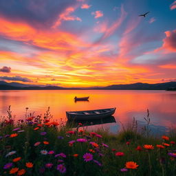 A serene landscape showcasing a vibrant sunset over rolling hills, with a tranquil lake reflecting the brilliant orange and pink hues of the sky
