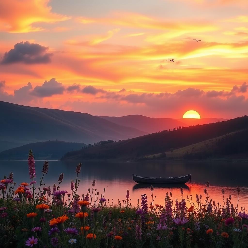 A serene landscape showcasing a vibrant sunset over rolling hills, with a tranquil lake reflecting the brilliant orange and pink hues of the sky