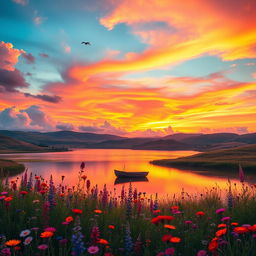 A serene landscape showcasing a vibrant sunset over rolling hills, with a tranquil lake reflecting the brilliant orange and pink hues of the sky