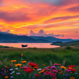 A serene landscape showcasing a vibrant sunset over rolling hills, with a tranquil lake reflecting the brilliant orange and pink hues of the sky