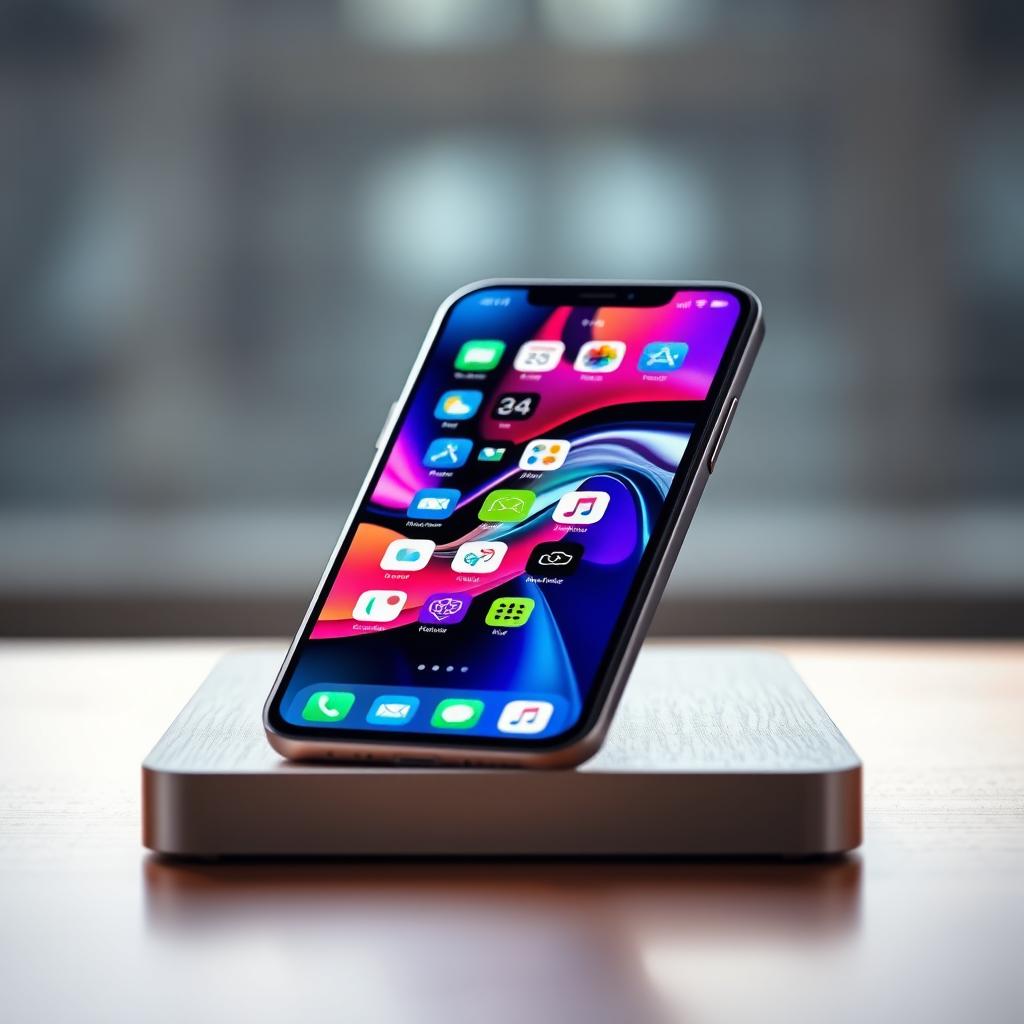 An artistic portrayal of an iPhone displaying a vibrant, colorful wallpaper on its screen, positioned on a sleek wooden surface