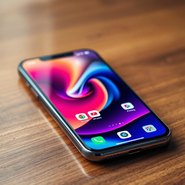 An artistic portrayal of an iPhone displaying a vibrant, colorful wallpaper on its screen, positioned on a sleek wooden surface