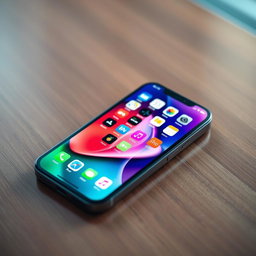 An artistic portrayal of an iPhone displaying a vibrant, colorful wallpaper on its screen, positioned on a sleek wooden surface