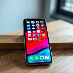 An artistic portrayal of an iPhone displaying a vibrant, colorful wallpaper on its screen, positioned on a sleek wooden surface