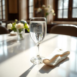 A beautifully set dining table with a polished finish, showcasing an elegant glass filled to the brim with clear, refreshing water