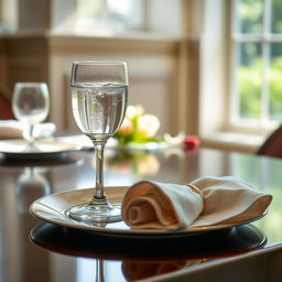 A beautifully set dining table with a polished finish, showcasing an elegant glass filled to the brim with clear, refreshing water
