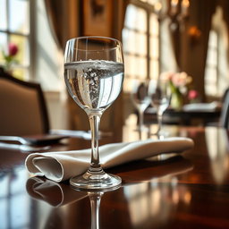 A beautifully set dining table with a polished finish, showcasing an elegant glass filled to the brim with clear, refreshing water