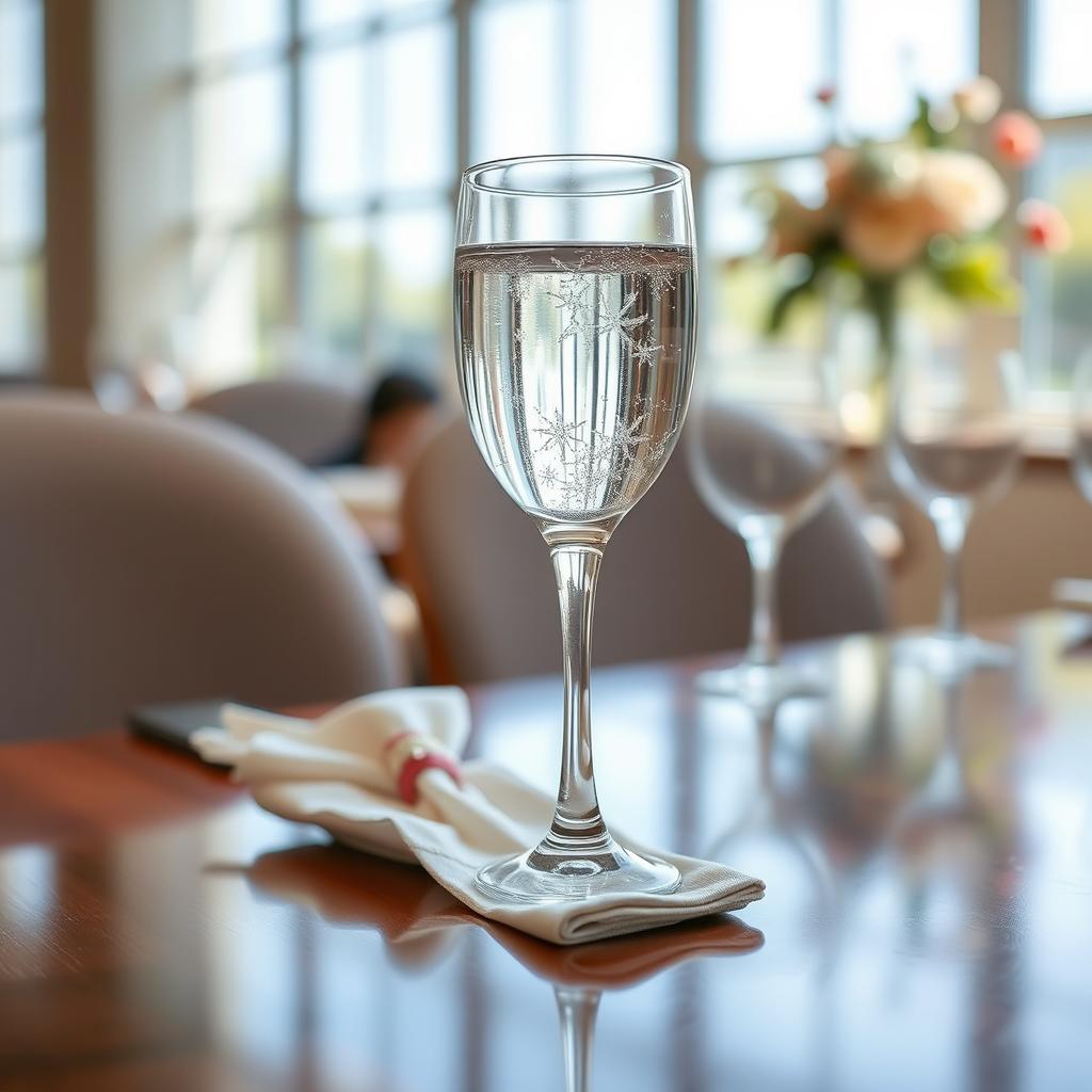 A beautifully set dining table with a polished finish, showcasing an elegant glass filled to the brim with clear, refreshing water