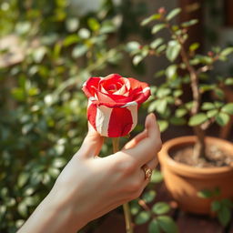 A close-up of a light-skinned hand gently holding a vibrant red and white striped rose in a setting that appears to be an outdoor space
