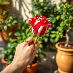 A close-up of a light-skinned hand gently holding a vibrant red and white striped rose in a setting that appears to be an outdoor space