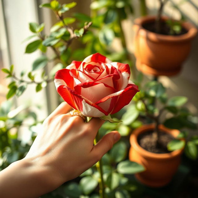 A close-up of a light-skinned hand gently holding a vibrant red and white striped rose in a setting that appears to be an outdoor space