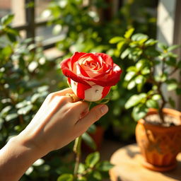 A close-up of a light-skinned hand gently holding a vibrant red and white striped rose in a setting that appears to be an outdoor space