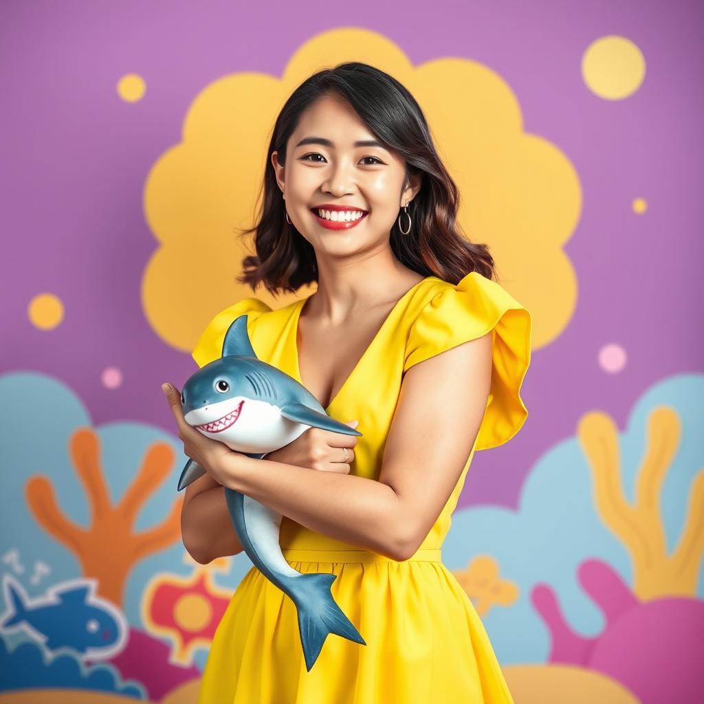 A portrait of a person wearing a stylish yellow dress, cheerfully holding a small shark in their arms