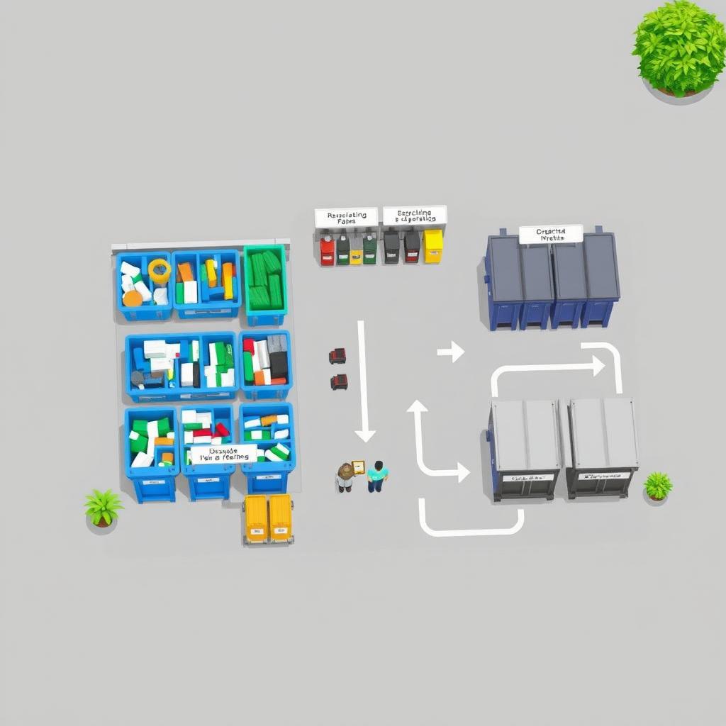 A slightly tilted bird's eye view illustration of a waste storage layout, showcasing distinct areas for recycling, segregating, and disposing