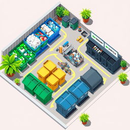 A slightly tilted bird's eye view illustration of a waste storage layout, showcasing distinct areas for recycling, segregating, and disposing