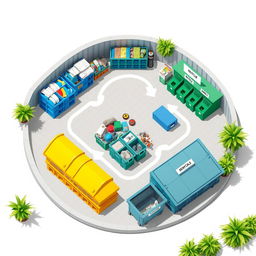 A slightly tilted bird's eye view illustration of a waste storage layout, showcasing distinct areas for recycling, segregating, and disposing