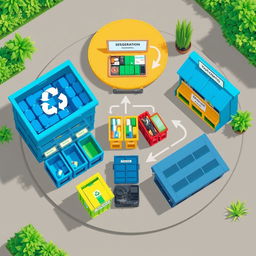 A slightly tilted bird's eye view illustration of a waste storage layout, showcasing distinct areas for recycling, segregating, and disposing