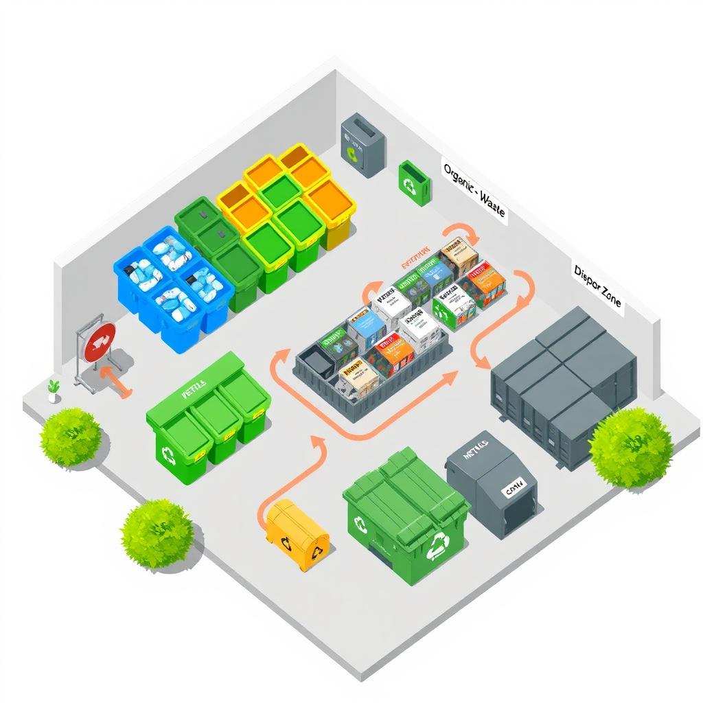 A slightly tilted bird's eye view illustration of a waste storage layout, clearly depicting three areas: recycling, segregating, and disposing