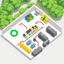 A slightly tilted bird's eye view illustration of a waste storage layout, clearly depicting three areas: recycling, segregating, and disposing