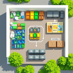 A slightly tilted bird's eye view illustration of a waste storage layout, clearly depicting three areas: recycling, segregating, and disposing