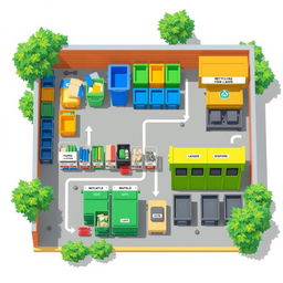 A slightly tilted bird's eye view illustration of a waste storage layout, clearly depicting three areas: recycling, segregating, and disposing