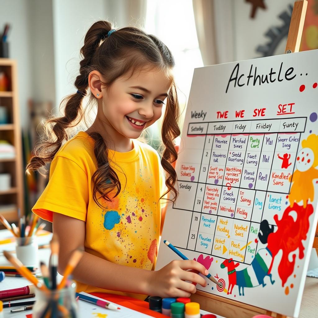 A colorful and cheerful scene featuring a young girl deeply focused on painting a vibrant schedule on a large canvas