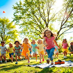 A joyful scene of children playing in a sunlit park, exhibiting pure happiness and laughter