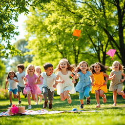 A joyful scene of children playing in a sunlit park, exhibiting pure happiness and laughter