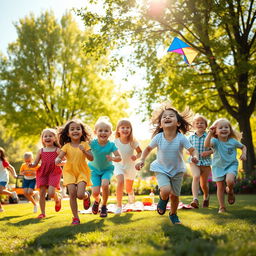 A joyful scene of children playing in a sunlit park, exhibiting pure happiness and laughter