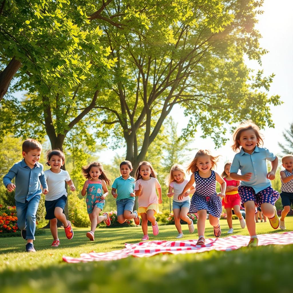 A joyful scene of children playing in a sunlit park, exhibiting pure happiness and laughter