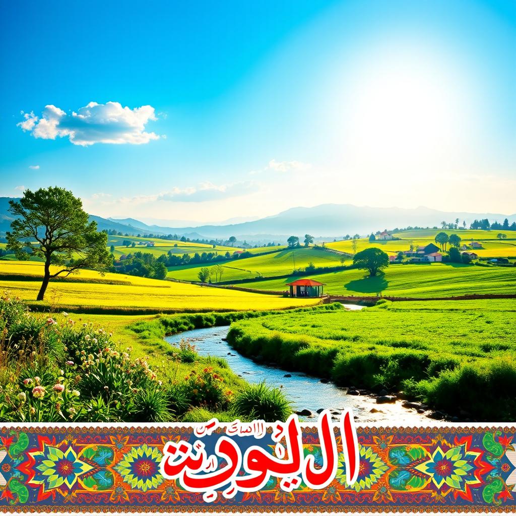A beautiful and serene landscape depicting a vibrant Friday morning, with a bright sun shining in a clear blue sky