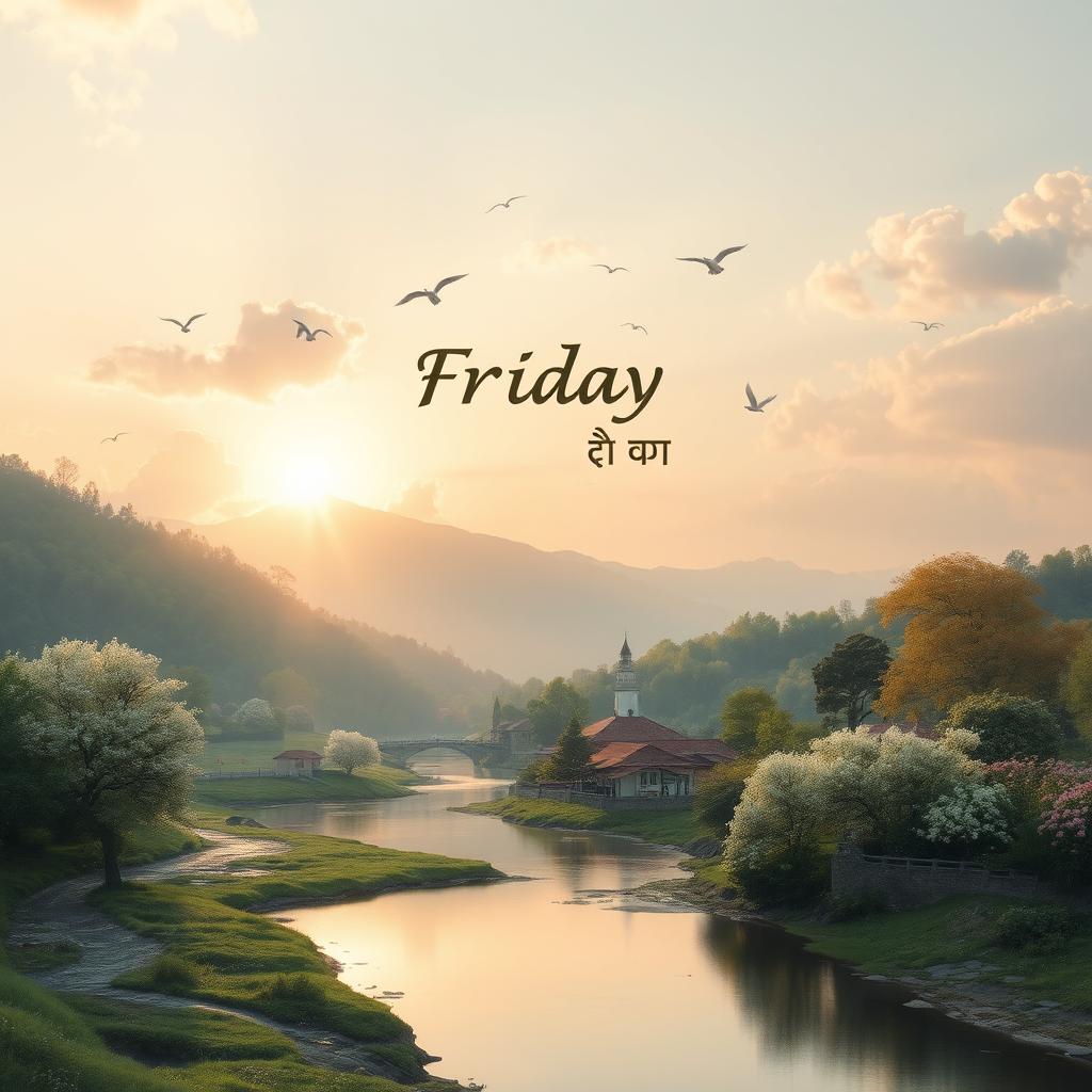 A picturesque morning scene on Friday, capturing the gentle light of dawn breaking over a serene landscape