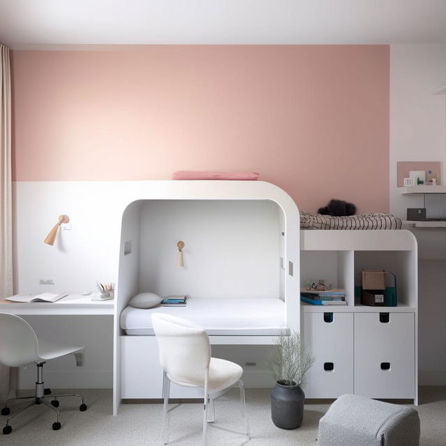 Minimalistic student room with a monochrome color palette, functional furniture such as a study desk and bed, and minimal decor.