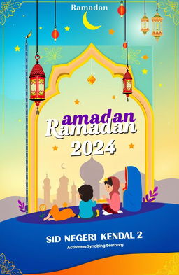 A vibrant and colorful book cover design for the activities of the holy month of Ramadan 2024, specifically for SD Negeri Kendal 2
