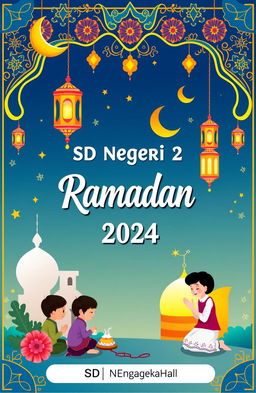 A vibrant and colorful book cover design for the activities of the holy month of Ramadan 2024, specifically for SD Negeri Kendal 2