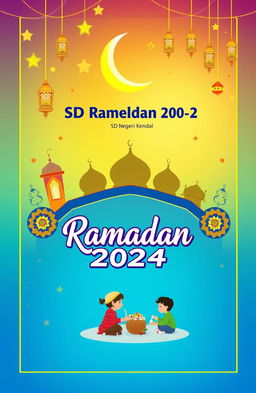 A vibrant and colorful book cover design for the activities of the holy month of Ramadan 2024, specifically for SD Negeri Kendal 2
