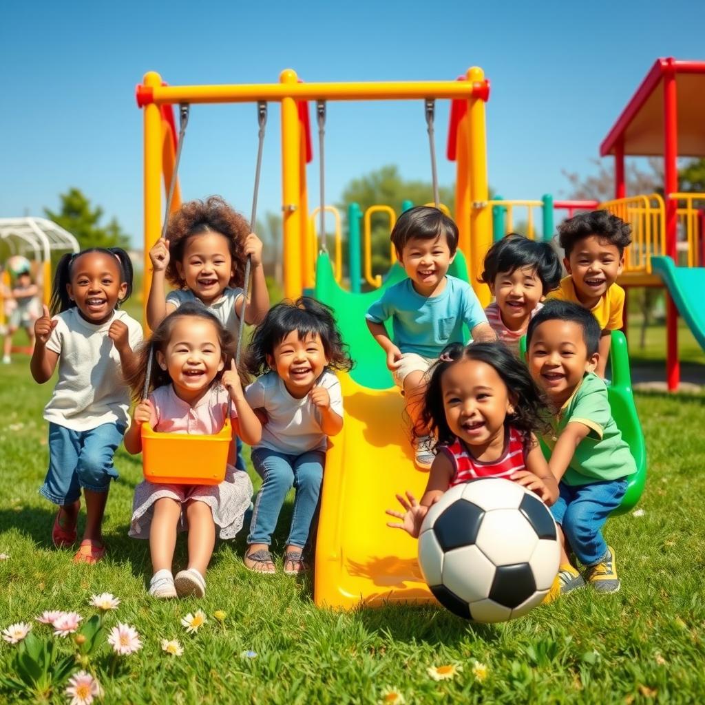 A lively scene depicting a group of happy children playing together in a bright, sunny playground