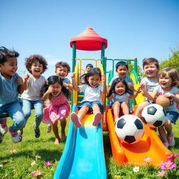 A lively scene depicting a group of happy children playing together in a bright, sunny playground