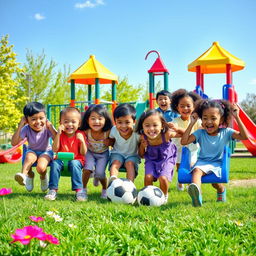 A lively scene depicting a group of happy children playing together in a bright, sunny playground