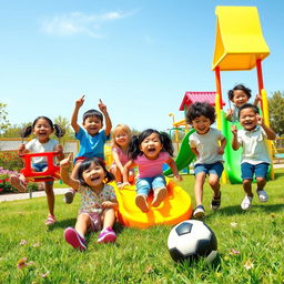 A lively scene depicting a group of happy children playing together in a bright, sunny playground