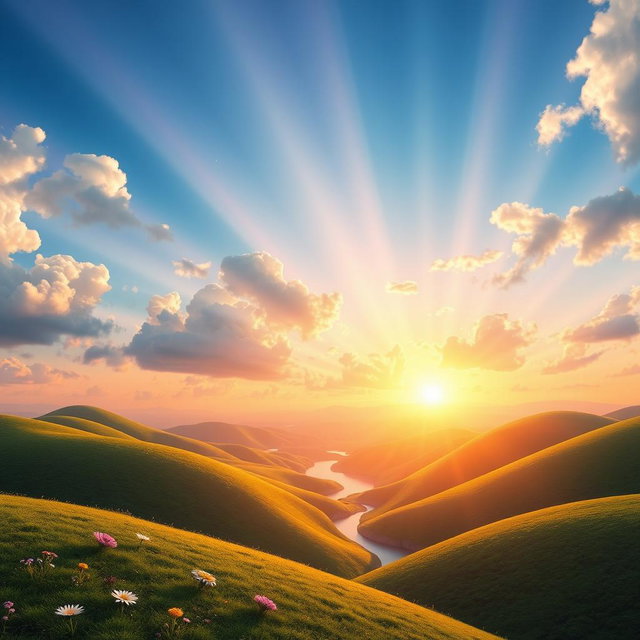 A vibrant, beautifully rendered three-dimensional sunrise scene featuring a stunning array of colors blending in the sky, with rays of light breaking through fluffy, white clouds