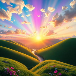 A vibrant, beautifully rendered three-dimensional sunrise scene featuring a stunning array of colors blending in the sky, with rays of light breaking through fluffy, white clouds