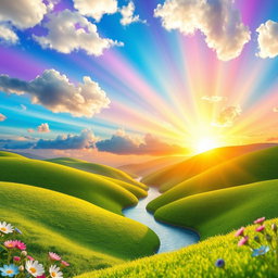 A vibrant, beautifully rendered three-dimensional sunrise scene featuring a stunning array of colors blending in the sky, with rays of light breaking through fluffy, white clouds