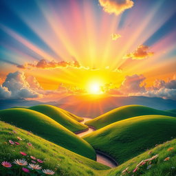 A vibrant, beautifully rendered three-dimensional sunrise scene featuring a stunning array of colors blending in the sky, with rays of light breaking through fluffy, white clouds