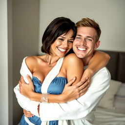 A sexy 45-year-old woman hugging a 20-year-old man in a warm and affectionate manner