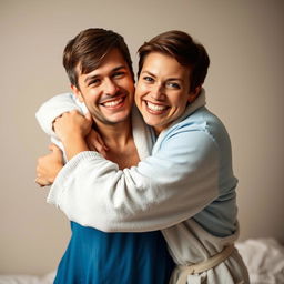 A sexy 45-year-old woman hugging a 20-year-old man in a warm and affectionate manner