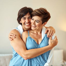 A sexy 45-year-old woman hugging a 20-year-old man in an affectionate pose