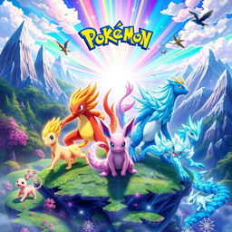 An artistic and vibrant poster showcasing a prismatic evolution theme in the style of Pokémon