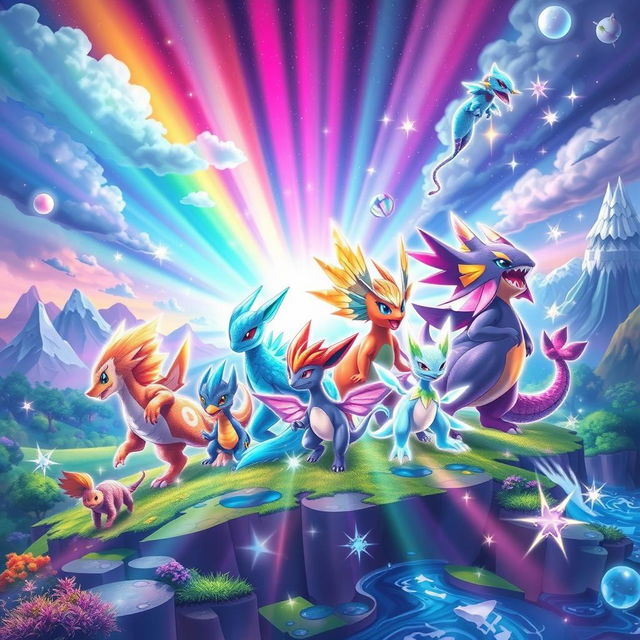 An artistic and vibrant poster showcasing a prismatic evolution theme in the style of Pokémon