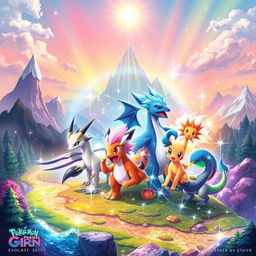 An artistic and vibrant poster showcasing a prismatic evolution theme in the style of Pokémon